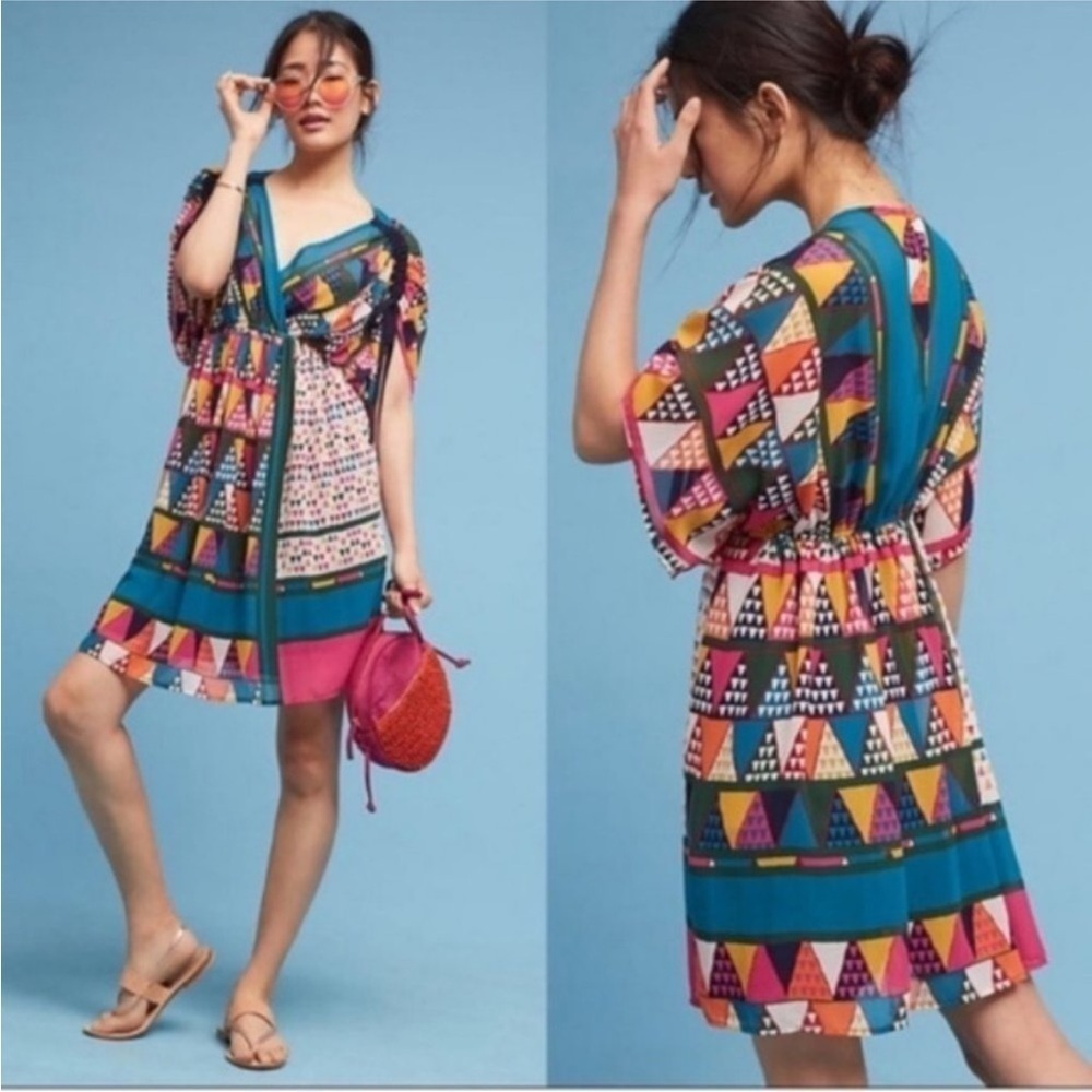 Maeve Anthropologie Semi Sheer Geometric Dress sz 4 V-Neck Cinch Shoulders Blue